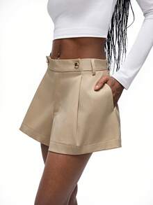 Aveloria GENKIRA Khaki Pleated Shorts With Side Buttons, Tailored For A Sleek, Fashionable Look - Khaki - View 4