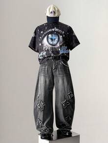 Manfinity Hypemode Manfinity Streetrush Men's Casual Street Fashionable Low Waisted Raw Edge Star Pattern Loose Wide Leg Jeans Going Out Hang Out College Vacation Street, Emo Style, Grunge - Black - View 2