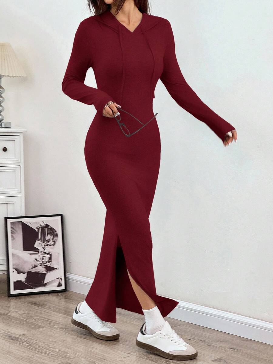 SHEIN EZwear 女士酒红色连帽抽绳腰身修身长袖针织连衣裙,可叠穿,秋冬季 - 玫瑰紅 - 查看 1