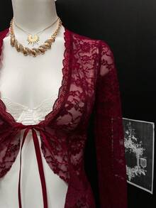 EgrlEra Women's Sexy Contrast Lace V-Neck Lace Trim Blouse - Burgundy - View 4