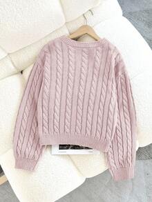 SHEIN Firerie Kids Tween Girl Casual Solid Color Dropped Shoulder Loose Textured Knit Cropped Sweater, Autumn/Winter - Baby Pink - View 2