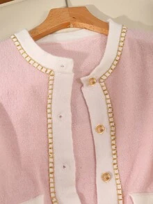 SHEIN 1 pieza Cárdigan de niña, diseño de volantes de color contrastante en el cuello redondo, grosor regular, dobladillo prolijo, textura suave y cómoda, durable, moda casual versátil, adecuado para uso diario, al aire libre, reuniones, escuela, etc. Adecuado para primavera y otoño - Rosa - Ver 6