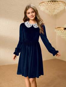 Robe élégante pour préadolescentes avec col en dentelle, patchwork à la taille et velours, convient pour Halloween et Noël - Bleu azur - Voir 5