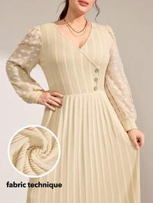 Momelise Plus Size V-Neck Casual Fuzzy Ribbed Waist Flared Solid Color Dress, Autumn/Winter - Apricot - View 1