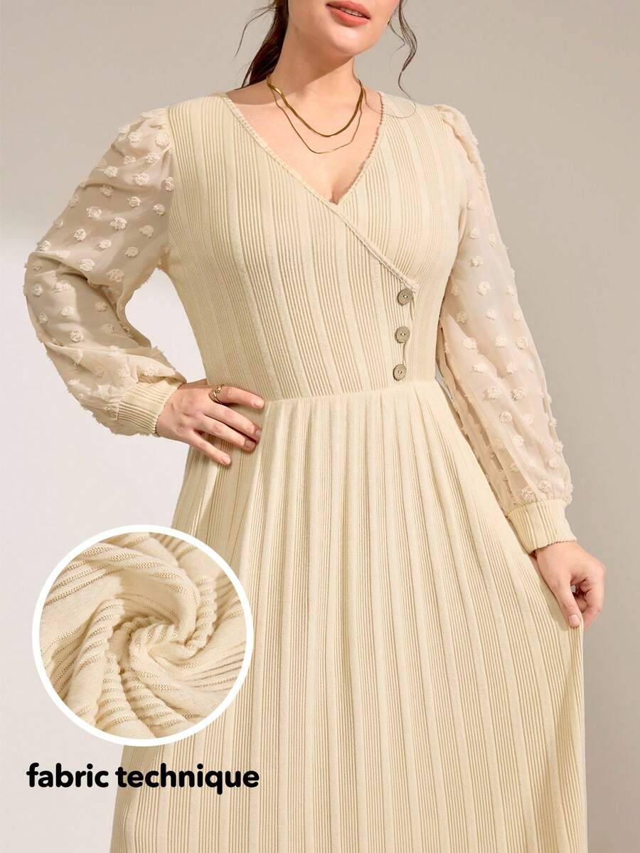 Momelise Plus Size V-Neck Casual Fuzzy Ribbed Waist Flared Solid Color Dress, Autumn/Winter - Apricot - View 1