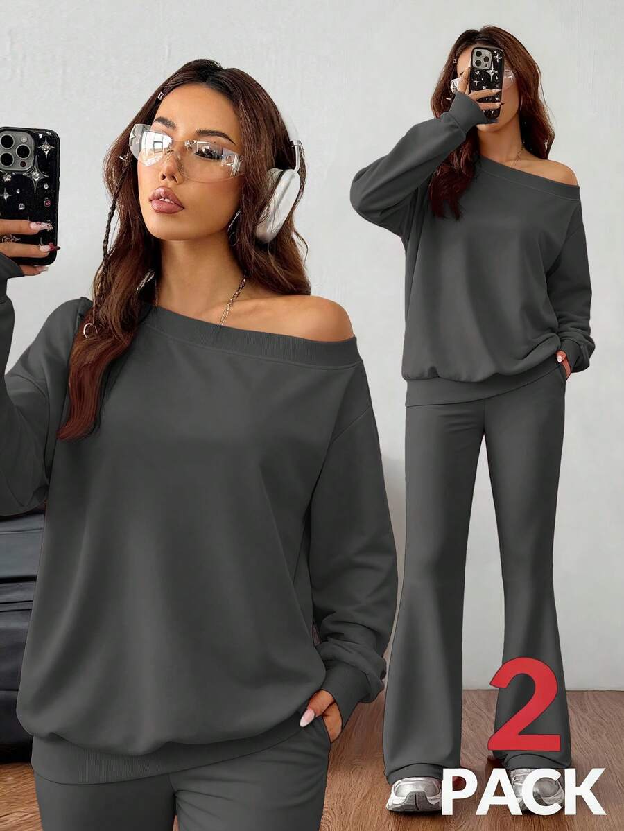SHEIN EZwear 女款深灰色秋季居家休閒兩件套,露肩不對稱領運動衫與喇叭褲,休閒冬季針織寬鬆運動套裝 - 深灰色 - 查看 1