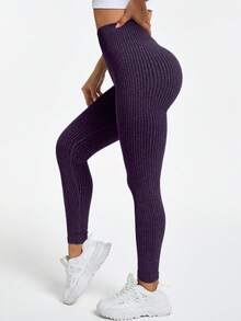 Slayform Women's Solid Color High Waist Ribbed Seamless Yoga Leggings,Quick-Drying Breathable Gym Pants For Pilates,Fitness & Sport - Bold Plum - View 3