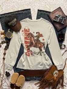 Easelle 复古游牧宽松破洞星空西部牛仔女式骑马休闲运动衫 - 杏色 - 查看 1