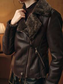 Anewsta 女式黑色仿兔毛领 PU 皮夹克 - 咖啡棕 - 查看 6
