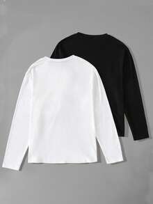 Vacaura Boys' Casual Simple Long Sleeve T-Shirt - Black and White - View 2
