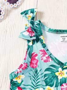 SHEIN 2 件套年轻女孩休闲花卉印花蝴蝶结装饰背心和牛仔短裤套装，穿着舒适 - 藍色 - 查看 9