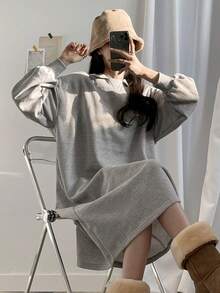 DAZY 女士休闲直筒中长连衣裙，落肩设计，带保暖内衬，浅灰色 - 灰色 - 查看 3