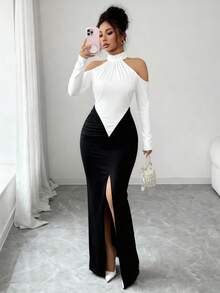 Gloray Thiết kế chắp vá khối màu đen trắng thu đông mới, xẻ cao gợi cảm, váy dài ôm sát vai xếp nếp, thanh lịch cho tiệc tùng, dạ hội, đám cưới, Halloween, Giáng sinh - màu đen - Xem 7