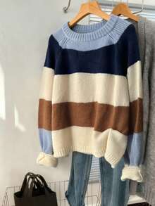 SHEIN Clasi 大码女装秋冬休闲度假时尚优雅多色条纹撞色拼接针织圆领套头衫 - 彩色 - 查看 6