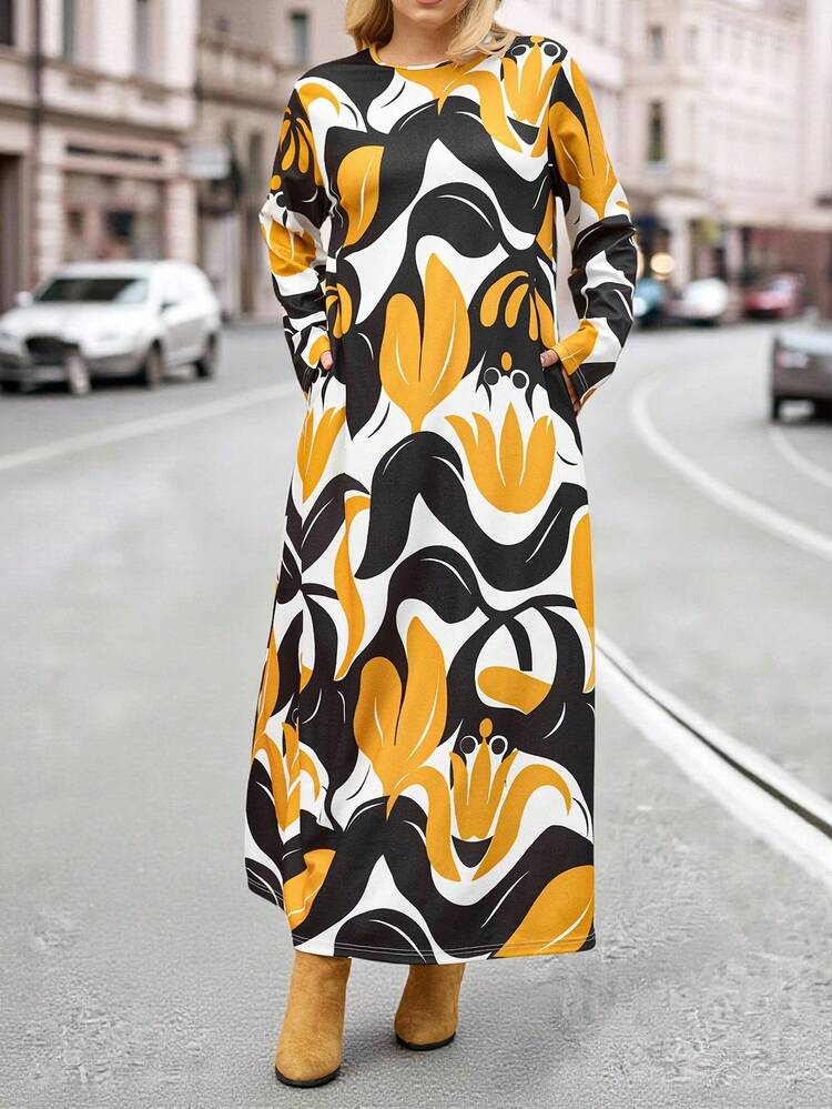 Plus Size Women's Fall/Winter Street Fashion  Casual Vacation Floral Print Color Block Long Sleeve Round Neck Long Dress With Pockets,Autumn/Winter,Plus Size Winter Clothes, Christmas Outfit For Women ,New Year Clothes,Going Out Outfits,2025 New Clothes,Simple And Fashionable For Everyday Wear,Dresses Casual,Flowy Dress,Winter  Dress