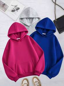 Conjunto de 3 piezas, set de 3 piezas, sudadera básica capucha hoodie lisa dama mujer casual manga larga bolsa canguro puños diario calientita suave cómoda moderna juvenil - Gris, rosa y azul - Ver 1