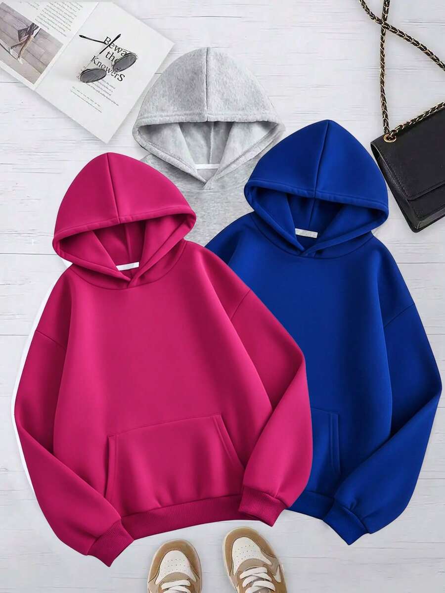Conjunto de 3 piezas, set de 3 piezas, sudadera básica capucha hoodie lisa dama mujer casual manga larga bolsa canguro puños diario calientita suave cómoda moderna juvenil - Gris, rosa y azul - Ver 1