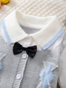 SHEIN Baby Boy Clothing Cute Blue Autumn Birthday One-Piece Crawling Suit,Diamond Pattern Long-Sleeved Knitted Sweater Romper For Parties,Christmas,Soft - Blue - View 7