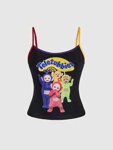 Teletubbies X ROMWE 可爱卡通图案修身吊带背心，夏季 - 黑色 - 查看 1