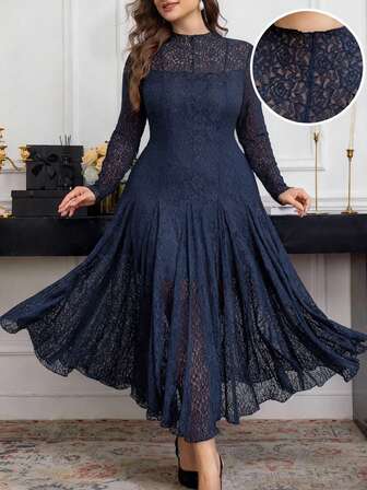 Modelyn Plus Size Long Sleeve Lace Fitted Elegant Minimalist Romantic Dress