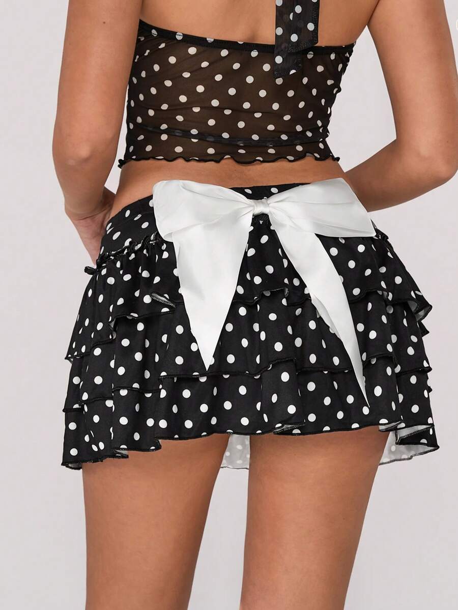 Sweetina Women's Black & White Polka Dot Mini Skirt With Oversized Bow Decor,Casual Outfit For Women
