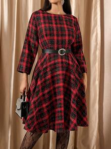 Zelara Plus Size Elegant Plaid Tweed Midi Dress For Women,Black And Red Autumn Sparkly Long Party Dresses,Tea Party Graduation,Christmas New Year Outfit - Multicolor - View 6