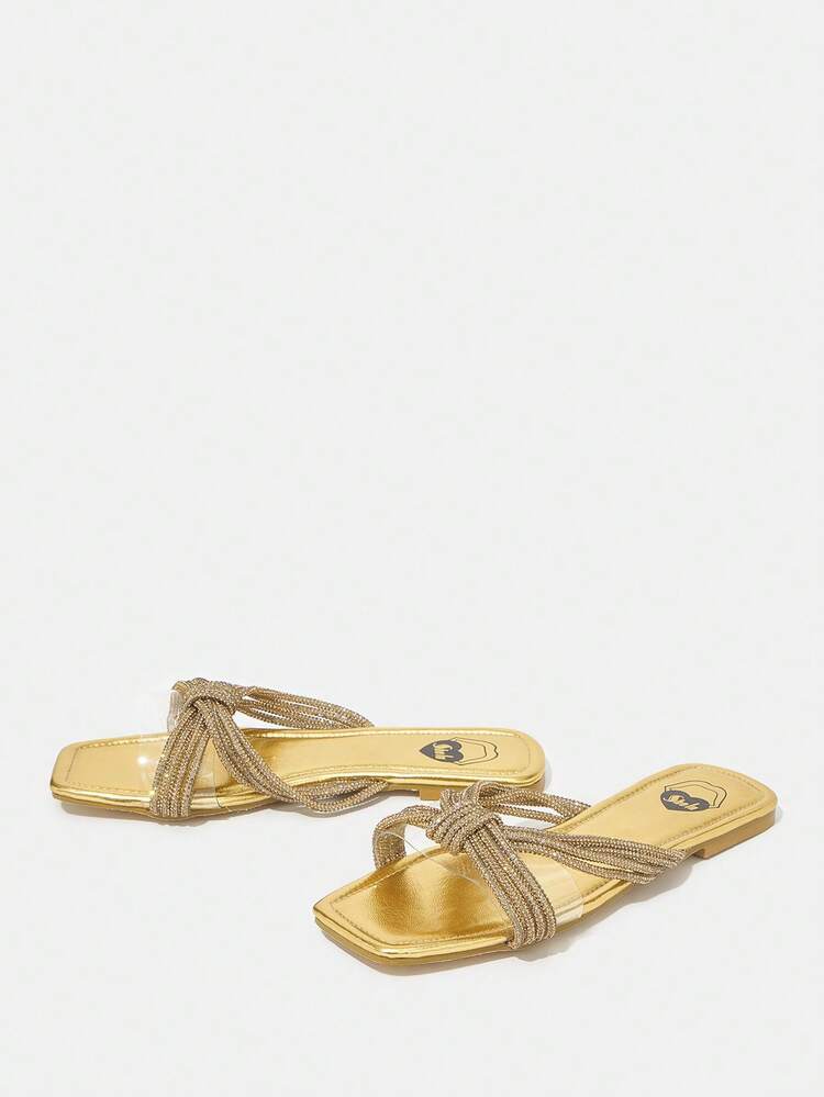 Woman Shoes Rhinestone Decor Slippers, Fashionable Flat Sandals For Summer, Lightweight Walking Shoes For Spring And Summer