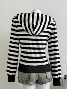 Elamini 灰黑条纹长袖宽松罗纹拉链卫衣，女士款，优雅可爱，适合上学、毕业典礼、休闲、运动、秋冬季日常穿着。 - 黑與白 - 查看 2