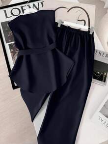 GlowEve Solid Color Sleeveless Elegant Fashion Camisole And Pants Set - Navy Blue - View 2