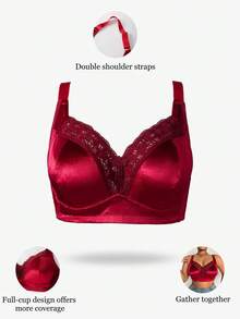 DesireSculpt 1件加大码女士纯色撞色蕾丝无钢圈文胸 - 酒紅色 - 查看 3