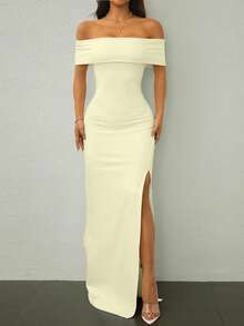 SHEIN Tall 单排领高开衩女士长裙，轻盈飘逸，优雅迷人，适合婚礼季，性感百搭。 - 杏色 - 查看 3