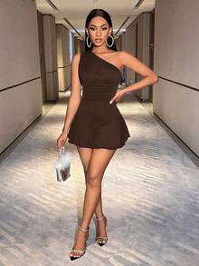 BamGleam Mono ajustado con hombros oblicuos y volantes en el bajo para mujer - Marrón - Ver 5