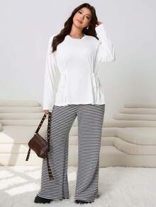 Solflare 新款休闲长袖宽松可调节腰围舒适针织大码T恤，适合外出、日常、通勤、返校、约会、居家、生日派对等多种场合。 - 白色 - 查看 3