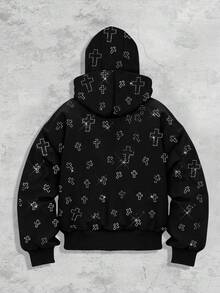 ROMWE MEN Street Life Spring Casual Graphic Fashionable Rhinestone Embellished Hooded Sweatshirt With Pockets, Zipper Front Hoodie For Men, For Winter - Black - View 2