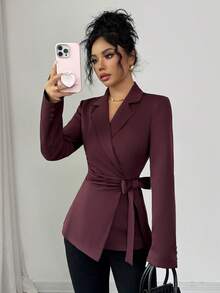 SHEIN Elenzya 女士冬季红色外套，时尚派对/约会/新年/感恩节/婚礼宾客礼服，时尚女式大衣，红色上衣 - 酒紅色 - 查看 6