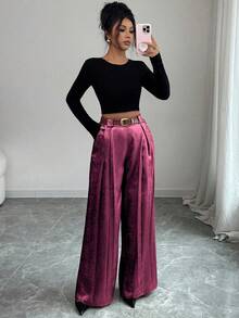Elenzga Women's Elegant Commuter Solid Color Pleated Wide Leg Pants - Dusty Pink - View 3