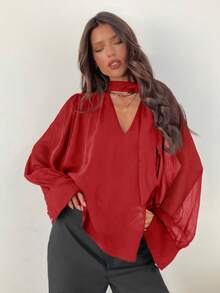 Aloruh Women's Elegant Commuter Chiffon Deep V-Neck Tie Long Sleeve Blouse - Red - View 5