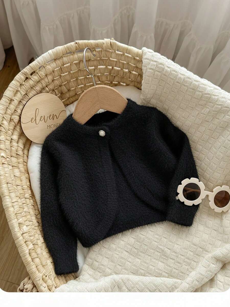 Babygirl Cute Solid Color Faux Fur Elastic Short Cardigan, Versatile For Autumn/Winter - Black - View 1
