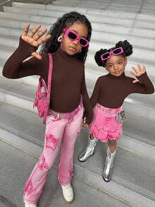 2pcs Young Girl Casual Solid Color Knit Round Neck Long Sleeve Slim Fit Top, Sibling Matching Outfits (Sold Separately) - Brown - View 4