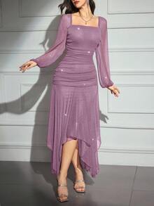 Modelyn Women's Solid Color Square Neck Mesh Patchwork Ruffle Long Sleeve Dress - Lilac Purple - View 5