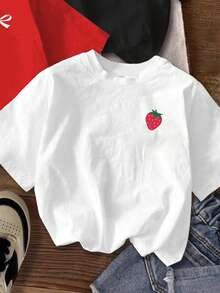 SHEIN Attitoon 三件套休闲简约蝴蝶结爱心草莓印花修身圆领短袖露脐T恤，女款，百搭，适合外出、圣诞节、新年、情人节、机场、居家穿着，时尚别致。 - 彩色 - 查看 5