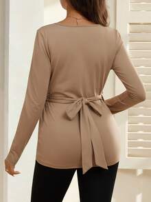 SHEIN Pregnant Women's Sports Long Sleeve Deep V-Neck Criss-Cross Drawstring Bowknot T-Shirt - Brown - View 2