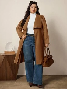 SHEIN LUNE Plus Size Solid Color Minimalist Long Sleeve Woolen Sweater, Everyday Wear/Winter - Brown - View 3