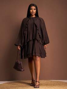 Slaydiva Autumn/Winter New Elegant Party & Elegant Party & Date & Outing With Friends & Birthday Party & Viral Hit & Sexy & Evening Party & Formal Dress & Graduation Season & Wedding Season, Valentine's Day, Sexy, Romantic, Loose Solid Coffee Brown, Multi-Layer Ruffle Hem Patchwork Effect, A-Line Hem, Lantern Sleeve, Semi-Sheer Woven Texture Fabric, Women Plus Size Mini Dress - Z - Coffee Brown - View 6