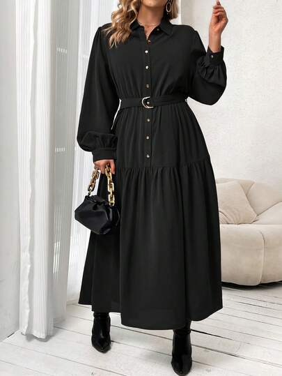 Vionelle Plus Size Elegant Casual Button Front Lantern Sleeve Dress For Autumn Maxi Women Outfit Black Shirt Dress Women Shirt Dress Modest Dress Button Up Dress
