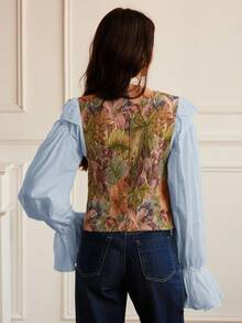 Aveloria Rosie Blouse à manches extra longues avec col à volants en contraste, en tissu jacquard mode, patchwork en faux tencel, pour le début de l'automne - Bleu azur - Voir 2