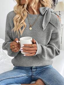 SHEIN LUNE Suéter casual de unicolor con hombros descubiertos, mangas raglán con lazo, para otoño/invierno - Gris - Ver 6