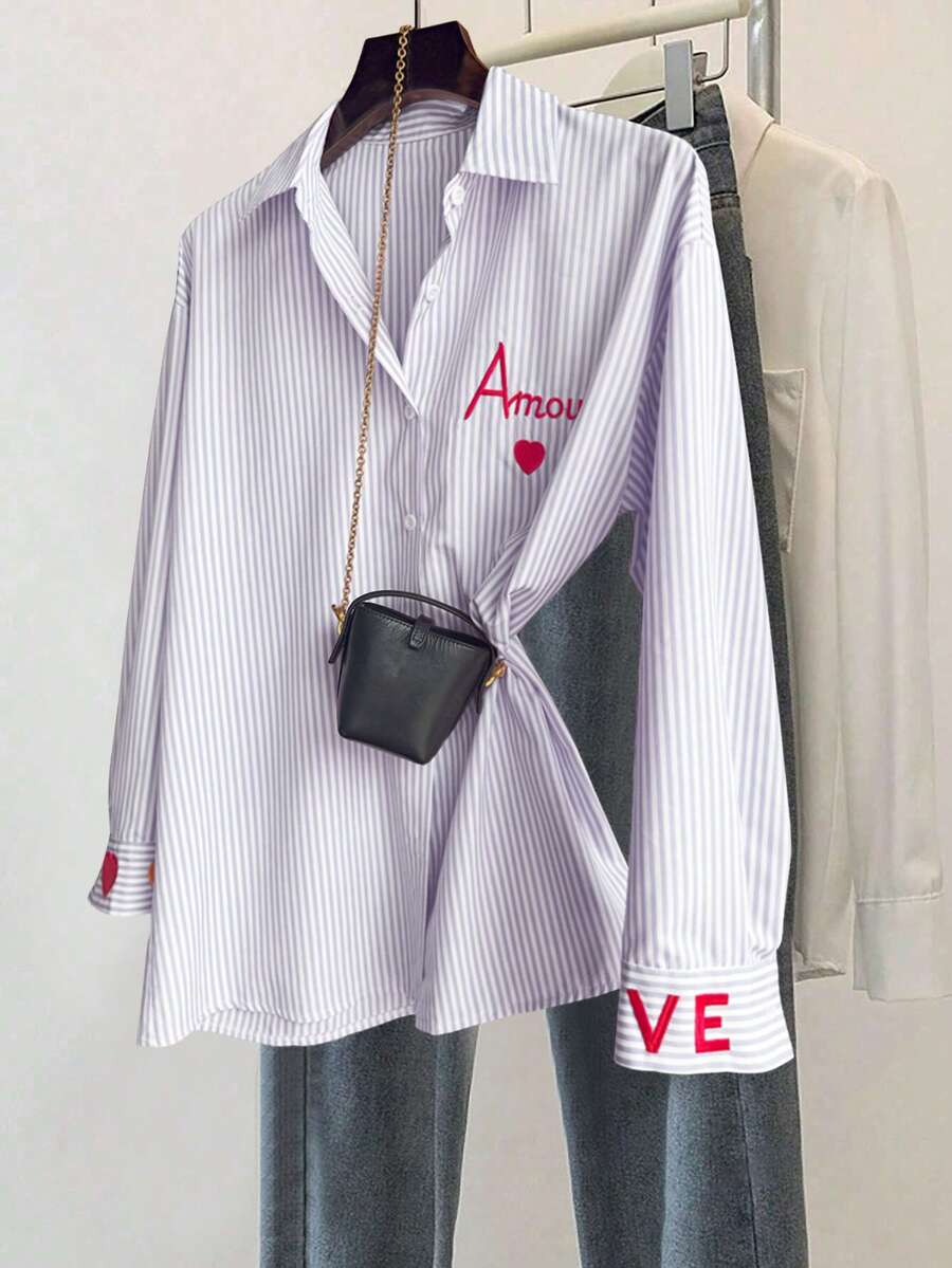 Resyla Classic Striped Long Sleeve Shirt, Delicate Embroidered Pattern, Loose & Comfortable Fit - Mauve Purple - View 1