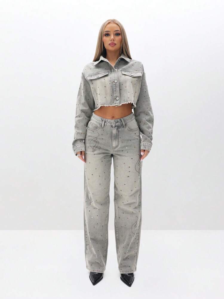 BABYPHAT Gemstone Embellished Vintage Wash Baggy Denim Jeans With Heart Print And Polka Dot Pattern Wide Leg Fall Winter