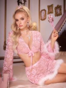 FairyFlirt Bộ đồ lót Babydoll 2 món phong cách Giáng sinh, viền hồng bồng bềnh, ren chắp vá, viền bèo nhún, tay chuông, trong suốt, ngọt ngào và dễ thương, thích hợp cho lễ hội âm nhạc, kỳ nghỉ, tiệc tùng - Hồng - Xem 7